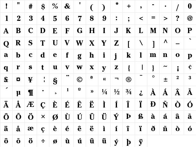 ITC Cheltenham Bold  glyph index