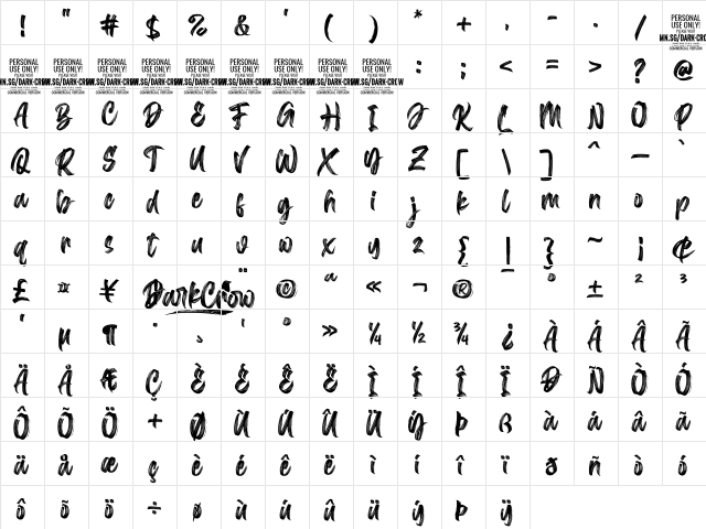 Dark Crow PERSONAL USE Regular  glyph index