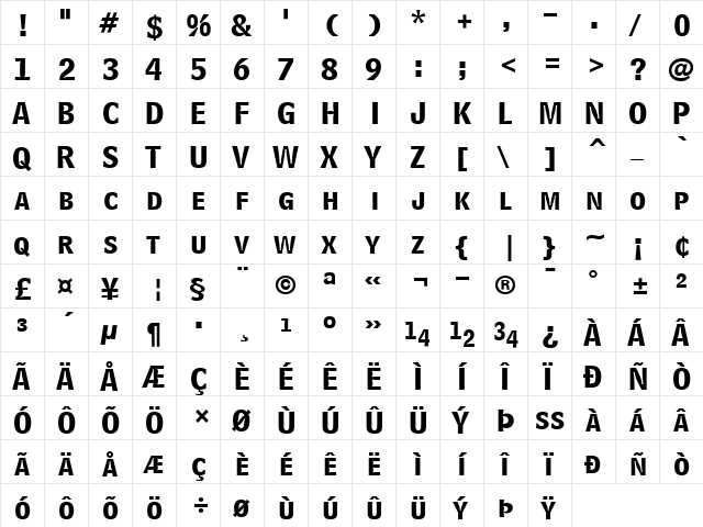 BellCentennial LT BoldListing Regular  glyph index