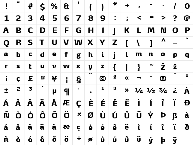 MaxDemiSerifTF-ExtraBold Regular  glyph index