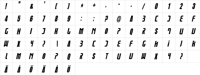 Glue Klinging Klan Thin Italic Regular  glyph index