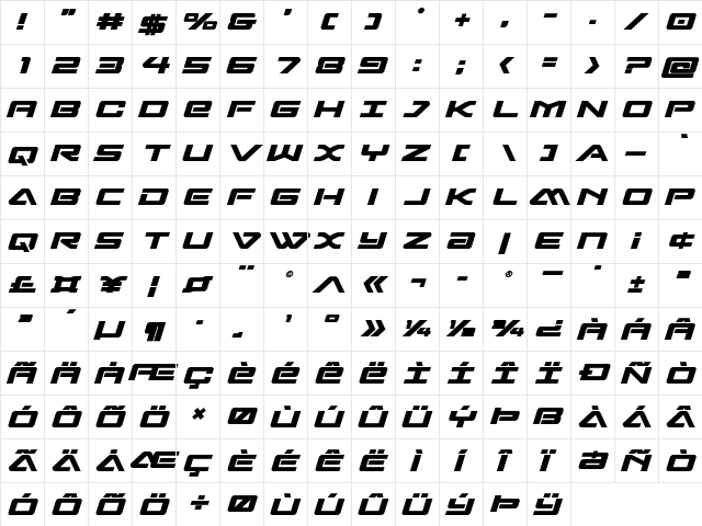 Sabre Shark Bold Semi-Straight Bold  glyph index