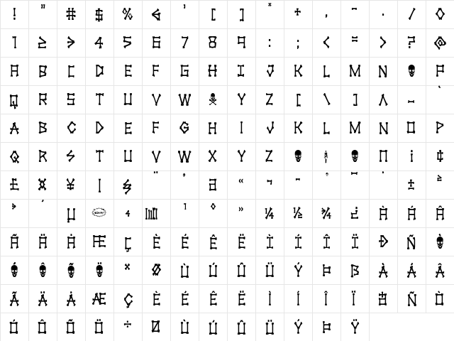 xBONES Condensed Condensed  glyph index