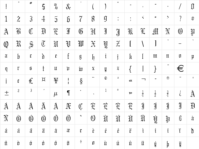 GregoryCondensed Normal  glyph index