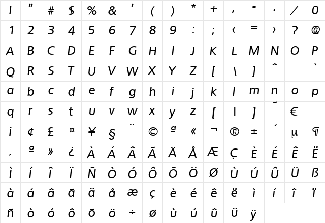 Quebec-MediumIta Regular  glyph index