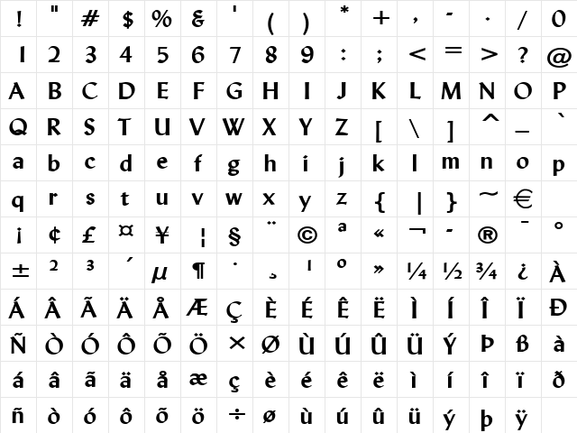 LyndaWide Bold  glyph index