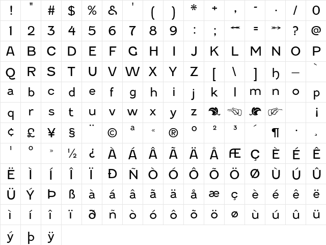 Fenwick Light Regular  glyph index