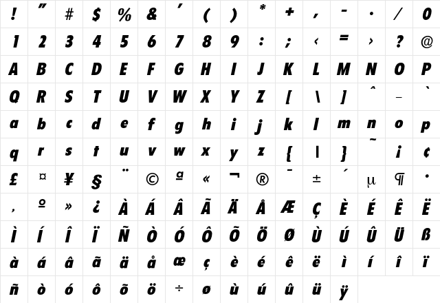 Florida-ExtraBoldIta Regular  glyph index