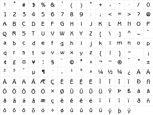 ExpressDecoGothicSSK Regular  glyph index