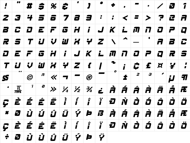 ESP_Italic Regular  glyph index