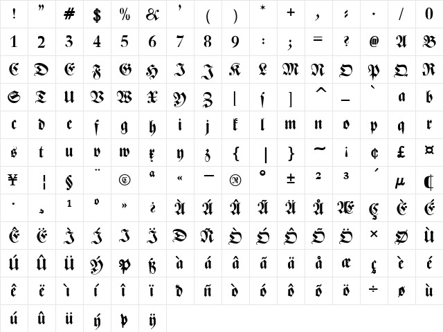 Zentenar Fraktur UNZ1L Bold  glyph index