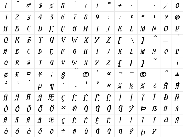 Nouveau-Extended Bold Italic  glyph index