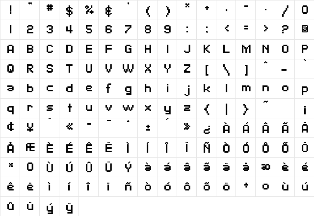SF Pixelate Bold  glyph index