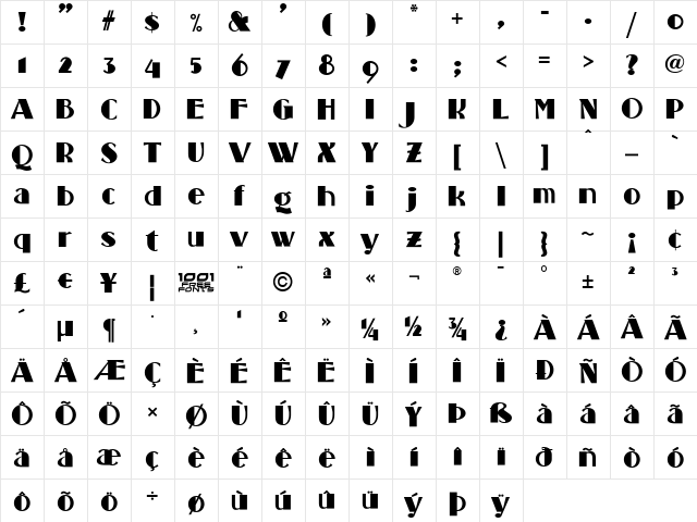 Standing Room Only NF Regular  glyph index