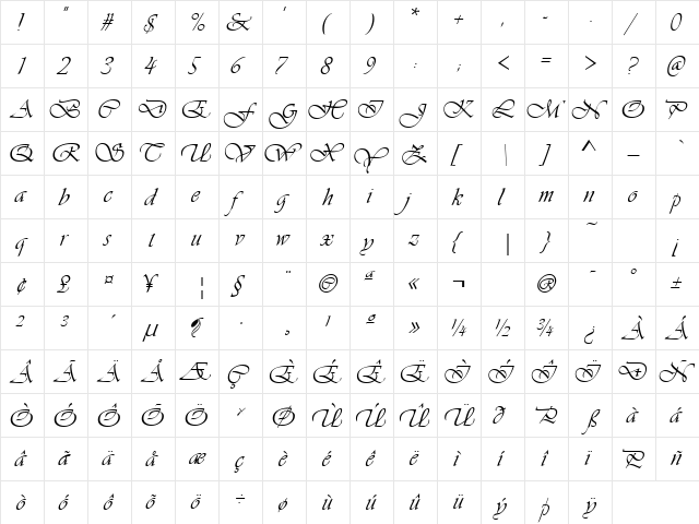 JosephineScriptSSK Regular  glyph index