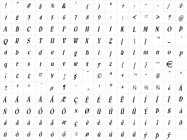 BlewCondensed Italic  glyph index