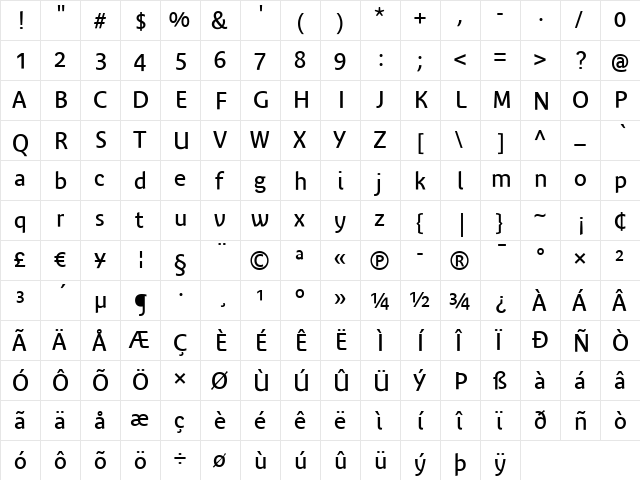 Bienvenue Regular  glyph index
