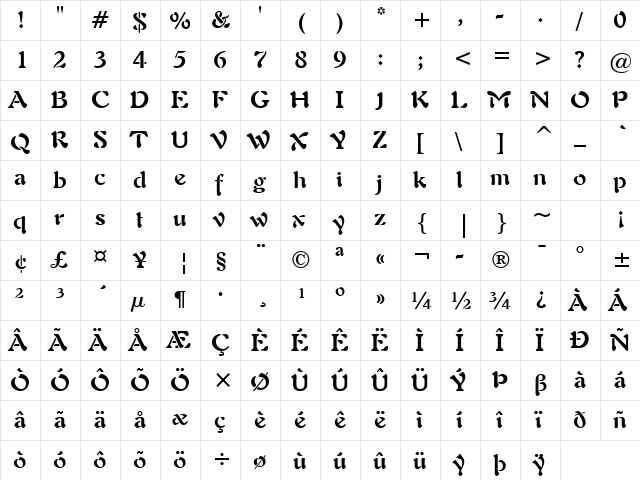 Freefrm721 BT Bold  glyph index