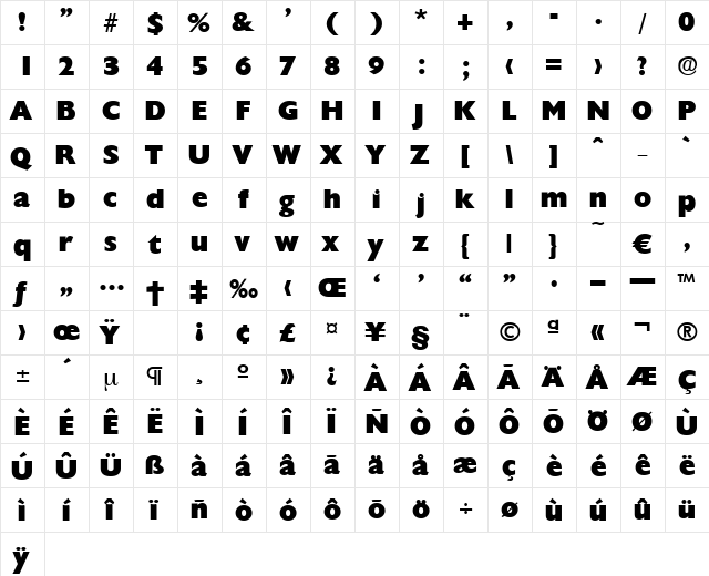 Chantilly-Heavy Regular  glyph index