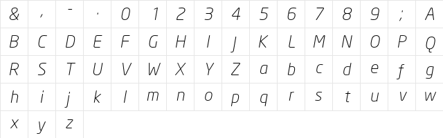 NeoSans Light Italic  glyph index
