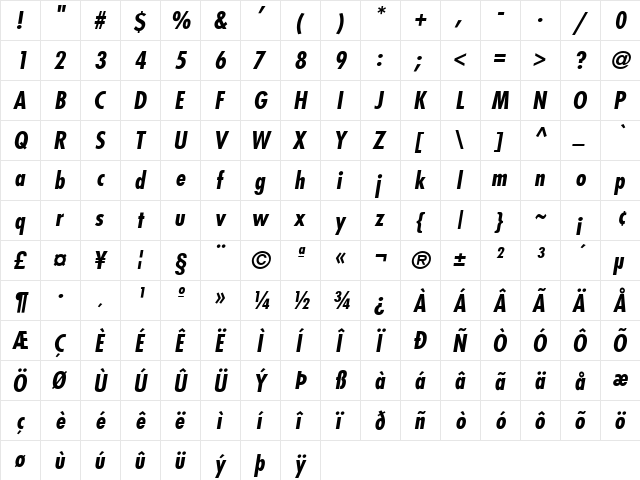 Fujiyama Bold Italic  glyph index