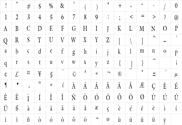 JoulliardCondensed Regular  glyph index