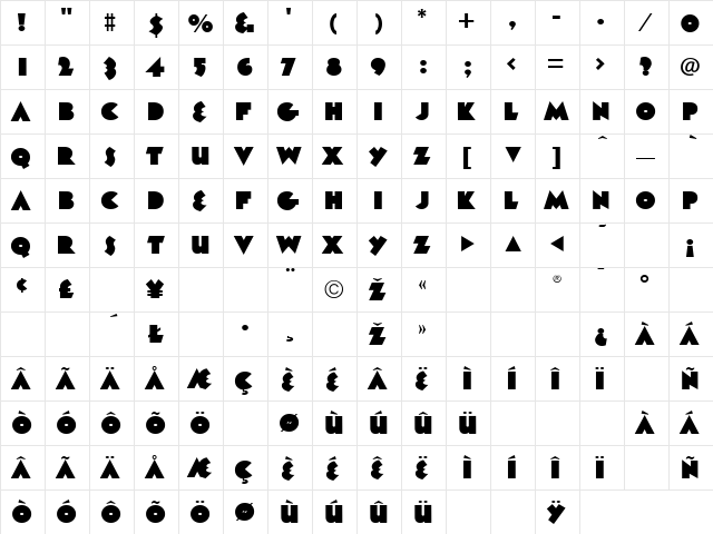 Mink Gothic Regular  glyph index