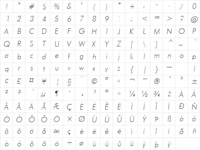 Futura Thin Italic  glyph index