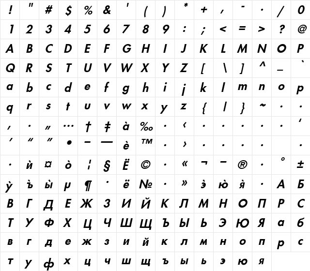 German Bold Italic  glyph index