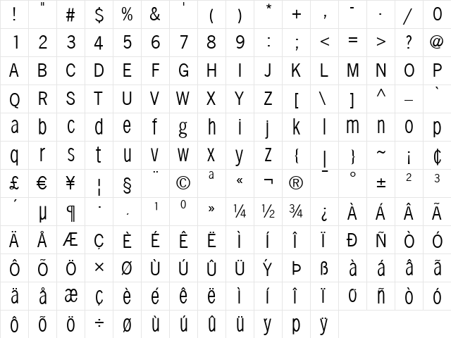 SansXHigh Regular  glyph index