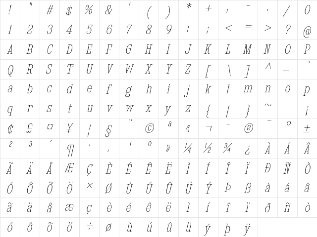 Kingsbridge Condensed UltraLight Italic  glyph index
