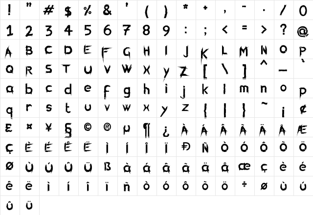 KillingFont Regular  glyph index