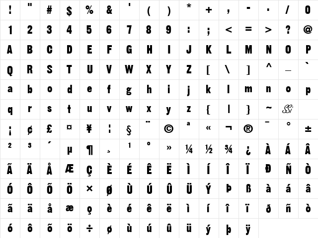 Gothic SSi Bold  glyph index