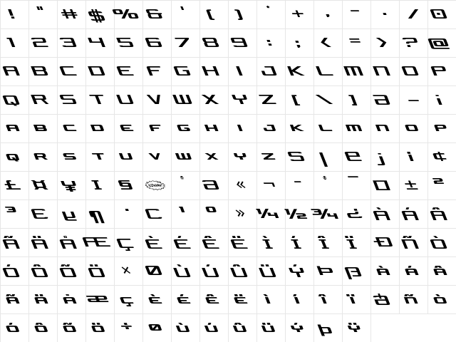 Concielian Jet Leftalic Italic  glyph index