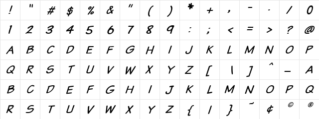 VTCSundaykomixcaps Italic  glyph index