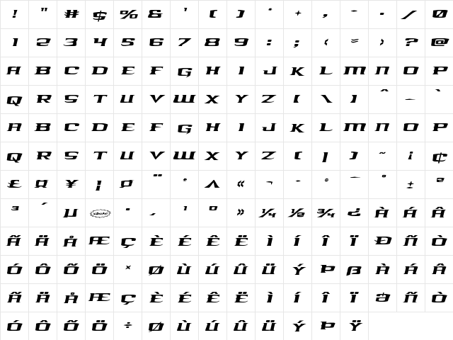 Kreature Kombat Expanded Italic Expanded Italic  glyph index