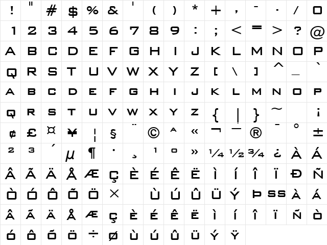 WallStreet Bold  glyph index