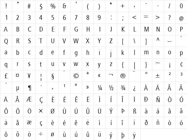 FrutigerNextLT Regular  glyph index