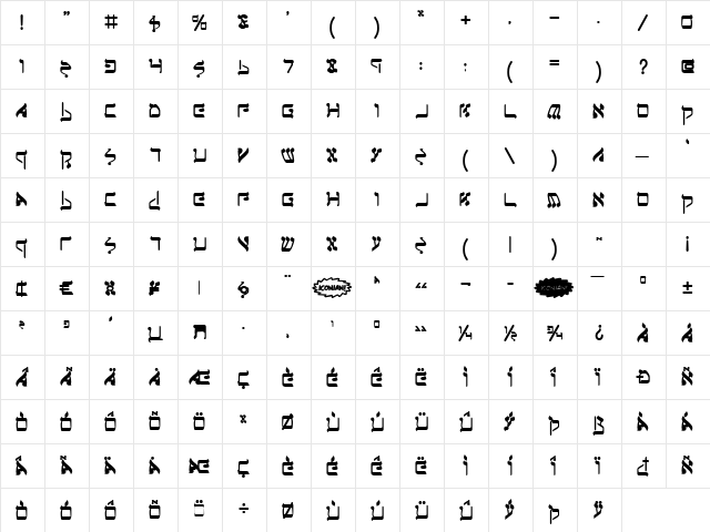 Jerusalem Bold Bold  glyph index