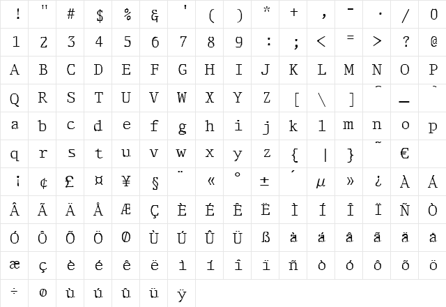 Outsider Regular  glyph index