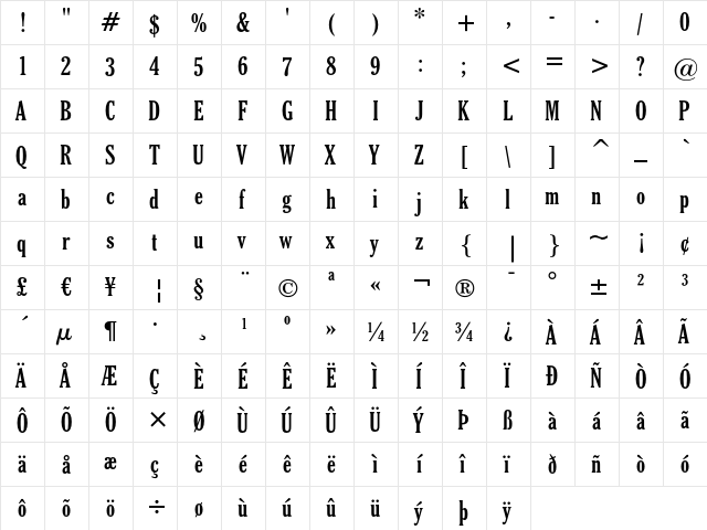 Cheltenham Bold Extra Condensed  glyph index