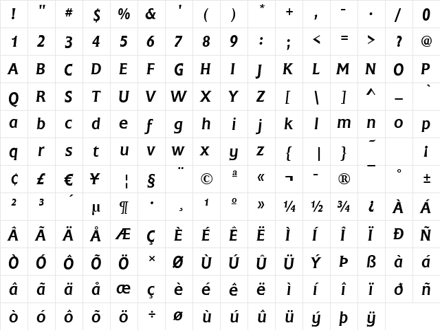 Frascati Italic  glyph index