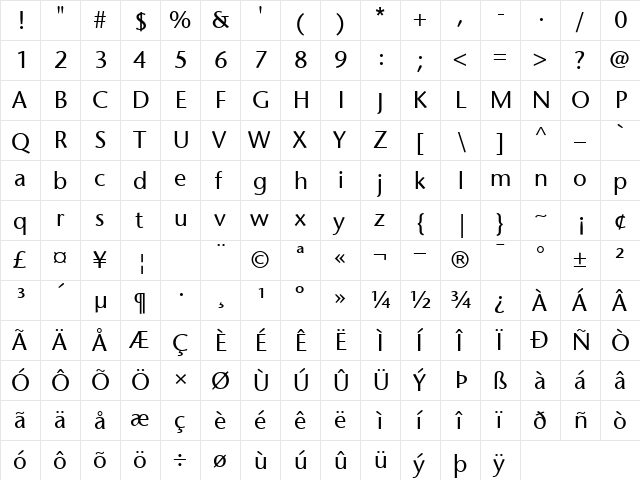 ITCStoneSans Roman  glyph index