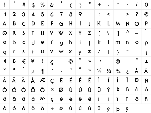 SerenadeTwo Bold  glyph index