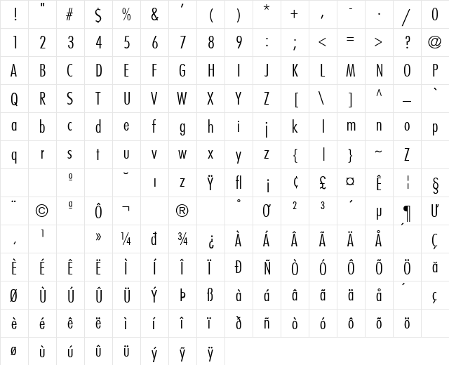 Fujiyama-LightCondensed Regular  glyph index
