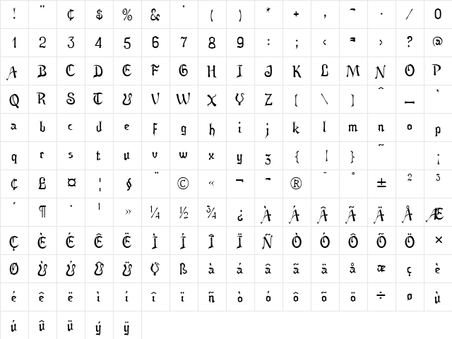Auldroon Regular  glyph index