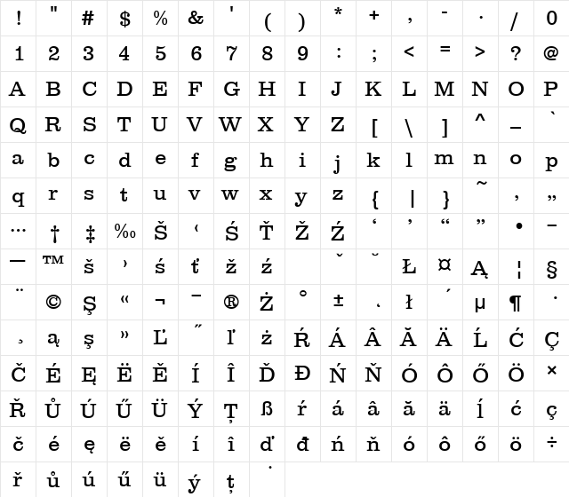 ClareTEELig Regular  glyph index