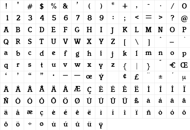 Verdun Regular  glyph index