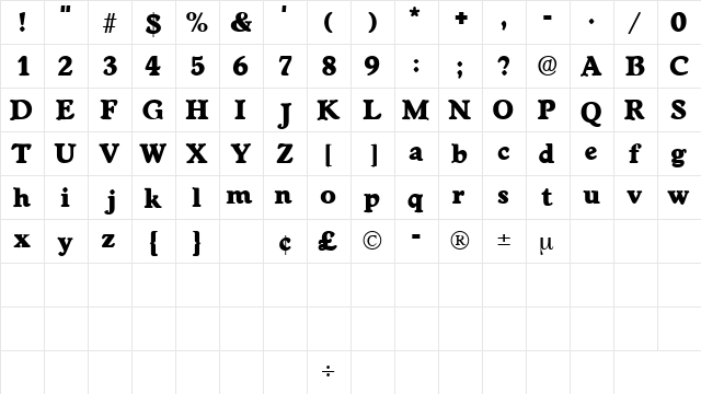 CupolaDisplaySSK Regular  glyph index