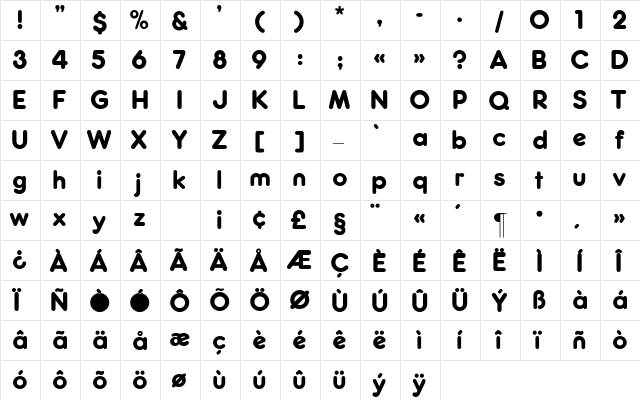 Frankfurter_Medium Regular  glyph index